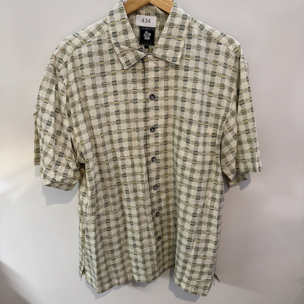 Aureus Silk Button-Front Tan & Green Print Short Sleeve Silk Blend Shirt XL